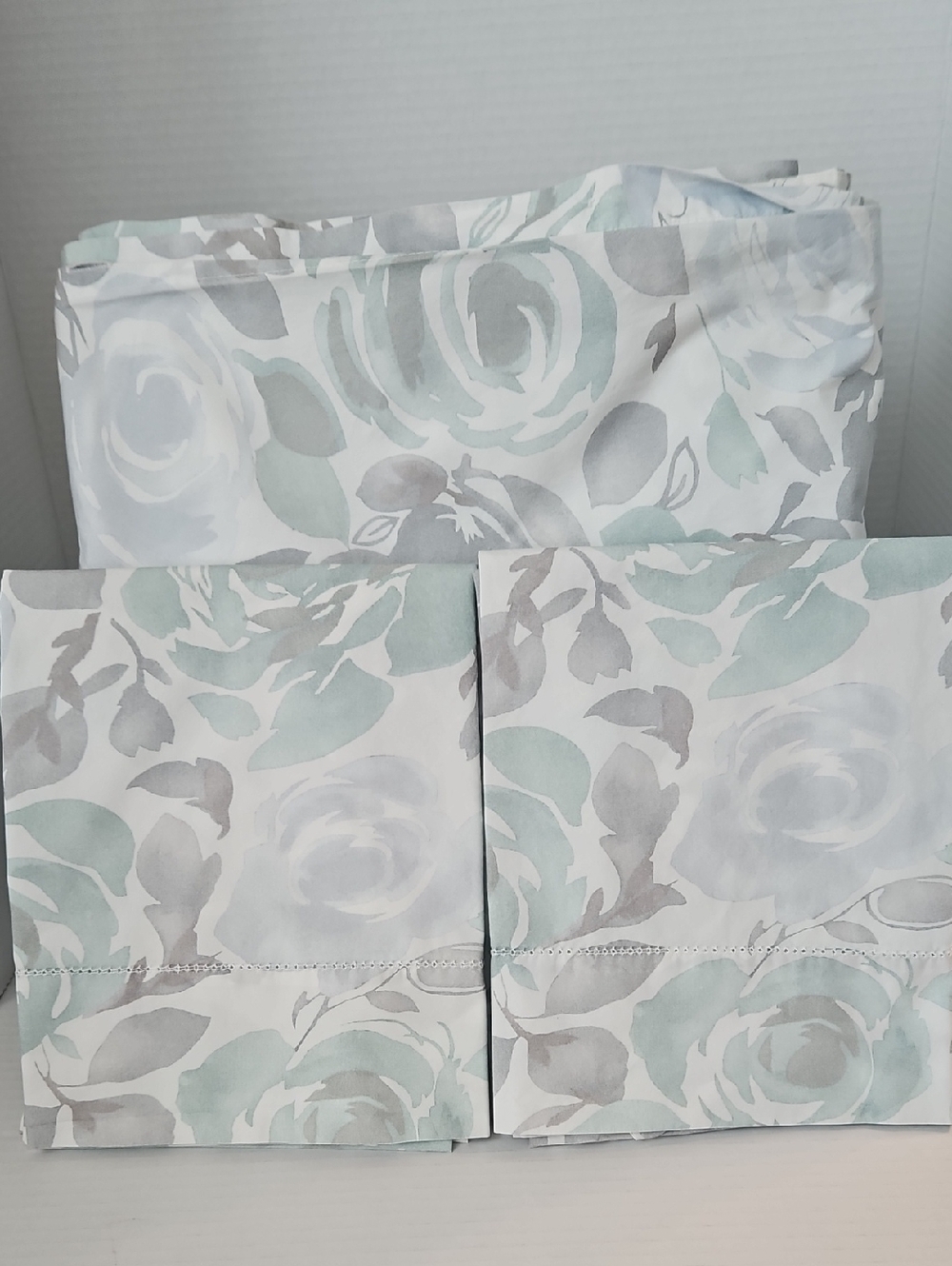 Garnet Hill Mint Green Gray Floral Watercolor Cotton King Duvet Pillowcases Set